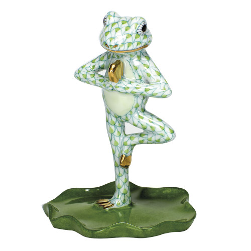 Herend Porcelain Shaded Key-Lime-Green Yoga Frog In Tree Pose 2.75L X 3.5H