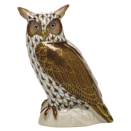 Herend Porcelain Shaded Chocolate Great Horned Owl 1.25L X 3H