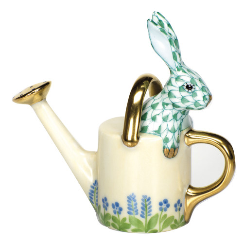 Herend Porcelain Shaded Green Watering Can Bunny 3L X 3H