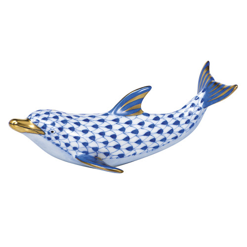 Herend Porcelain Shaded Sapphire Blue Playful Dolphin 4L X 1.5H