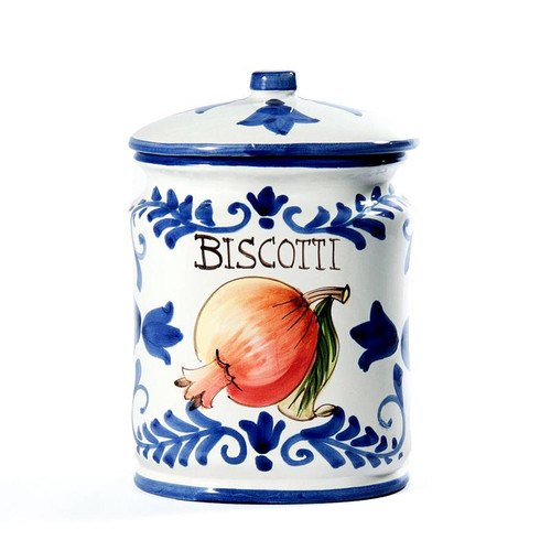 Intrada Italy Biscotti Jar Tall Oval Blue with Pomegranate 9"H x 6"W