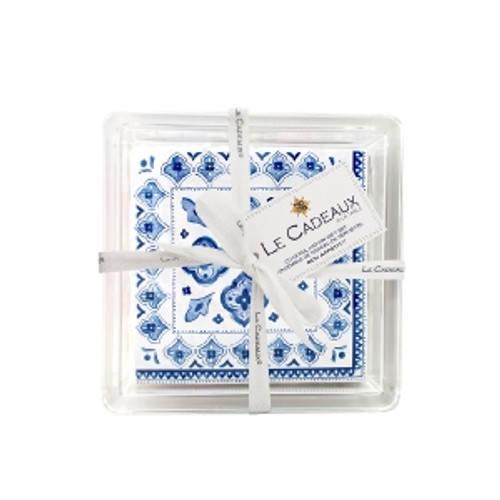 Le Cadeaux Cocktail Napkins In Acrylic Holder Gift Set With Ribbon And Tag (Pack Of 30) Moroccan Blue