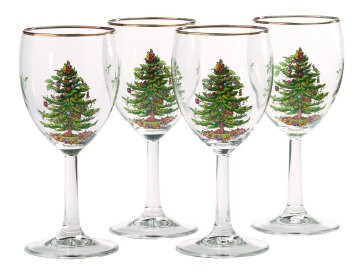 Four 4 New Spode Christmas Tree Stemless Wine Glasses 