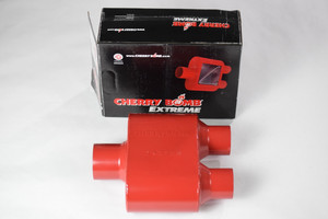 Cherry Bomb Extreme mufflers feature a unique wing plate design that emphasizes exhaust flow over sound control. These 100 percent welded mufflers are constructed from aluminized steel and finished with a high-temperature gray coating for durability. Cherry Bomb Extreme mufflers are non-reversible due to their custom-tuned flow...