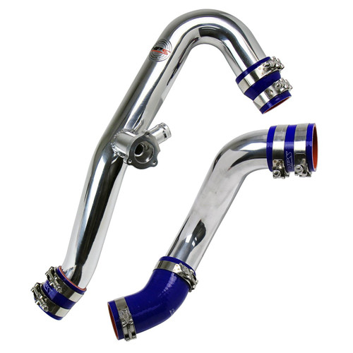 HPS Polish Intercooler Charge Pipe Hot and Cold Side with blue hoses 17-102P