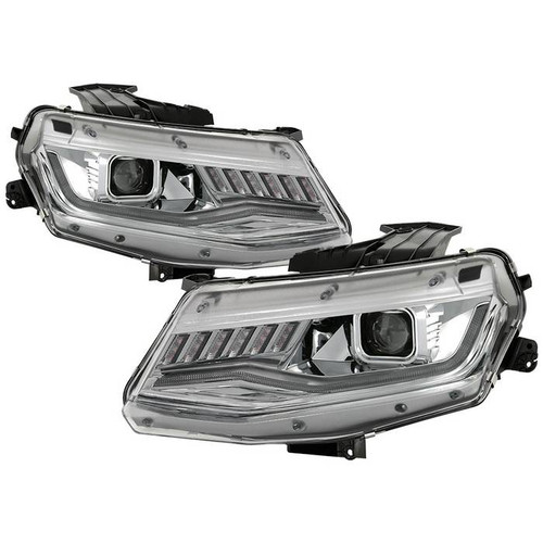 Spyder Chevy Camaro 16-18 Pro Headlights SEQ Signal Chrome display showing show PRO-YD-CCAM16HALSI-SEQ-C