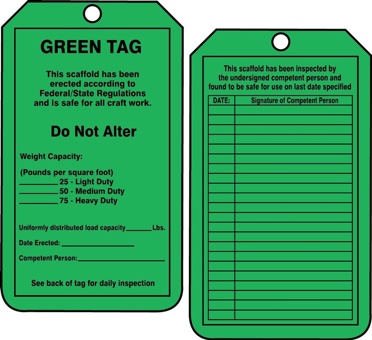 Fall Risk Green Tag Accuform TRS209CTP Scaffold Status Safety Green Tag - Do Not Alter ...