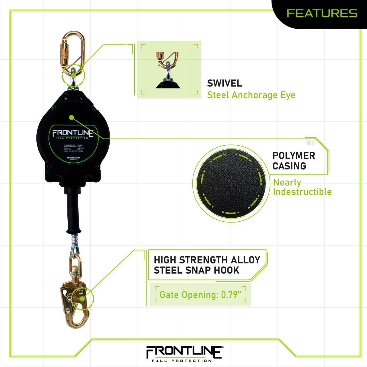 Frontline Fall Protection Rpgc50 Frontline RPG50 Cable 50' SRL with Steel Snap Hook End - Industrial ...