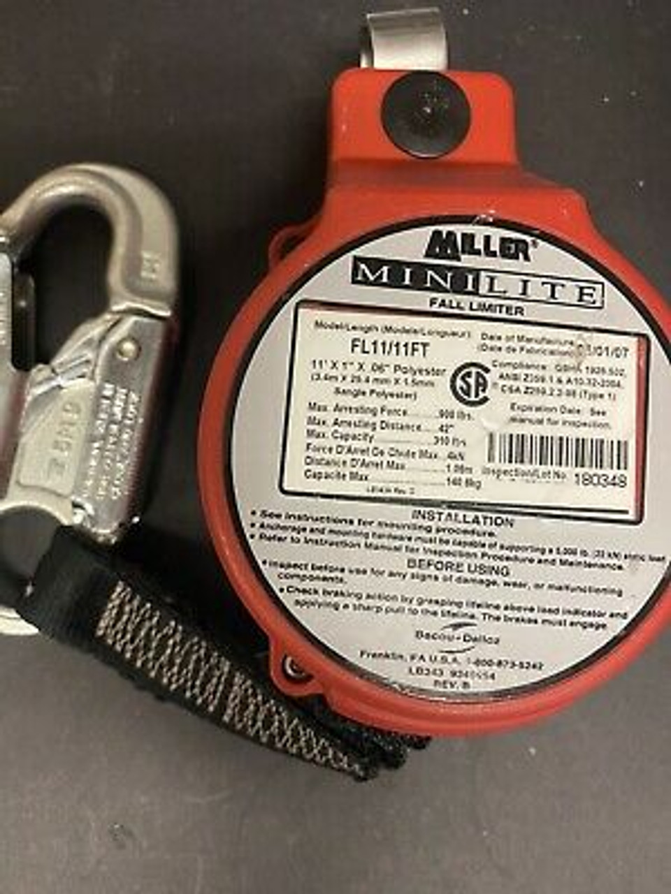 Miller Minilite Fall Limiter With Attached Rebar Hook & Swivel Shackle