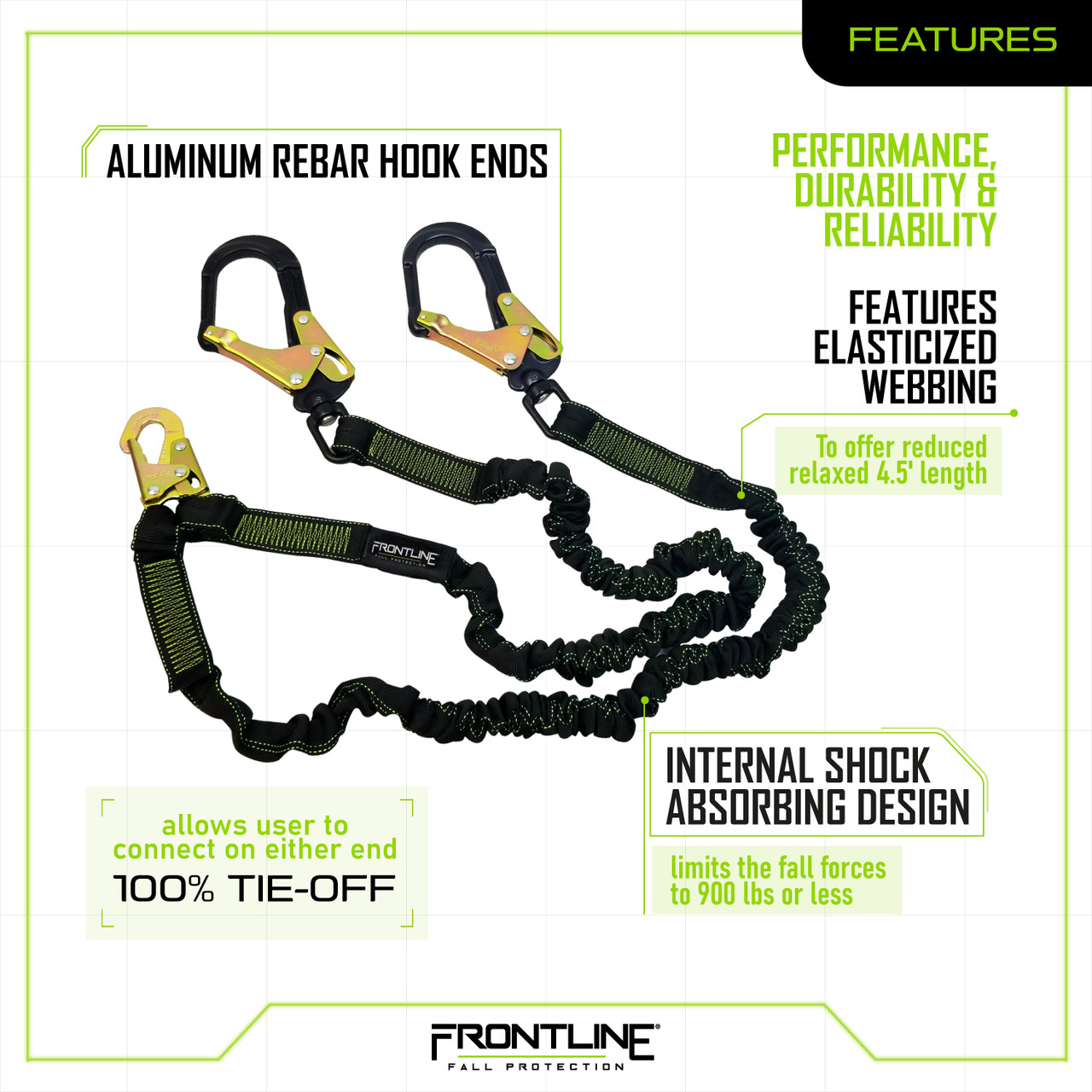 Frontline LIS62RA Elite Elastic Twin Leg 6' Aluminum Rebar Hook Lanyard