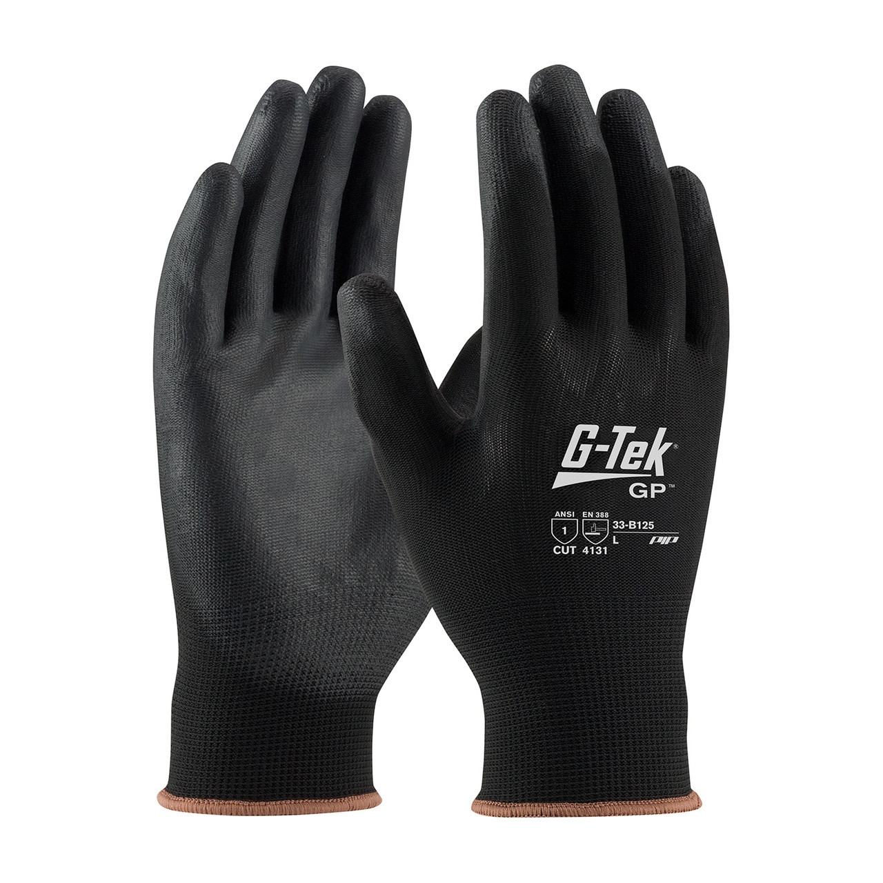 GTek 33B125 Black Seamless Nylon Gloves Polyurethane Grip (Pair