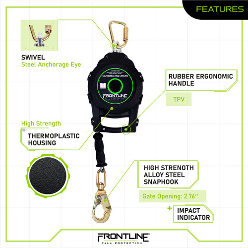 Frontline Fall Protection Rpgc50 Frontline RPGC50 SRL 50' with Steel Snap Hook End with Carry on Handle ...