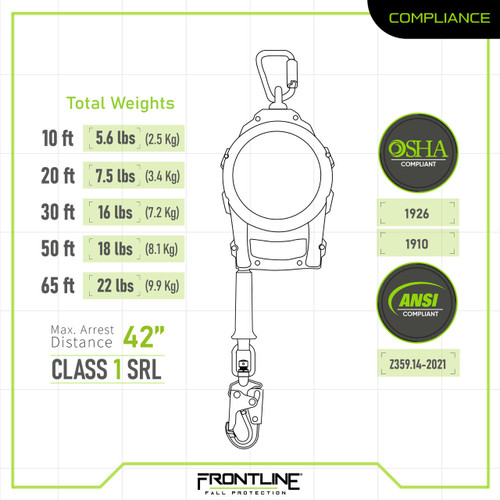 Frontline Fall Protection Rpgc50 Frontline RPGC50 SRL 50' with Steel Snap Hook End with Carry on Handle ...