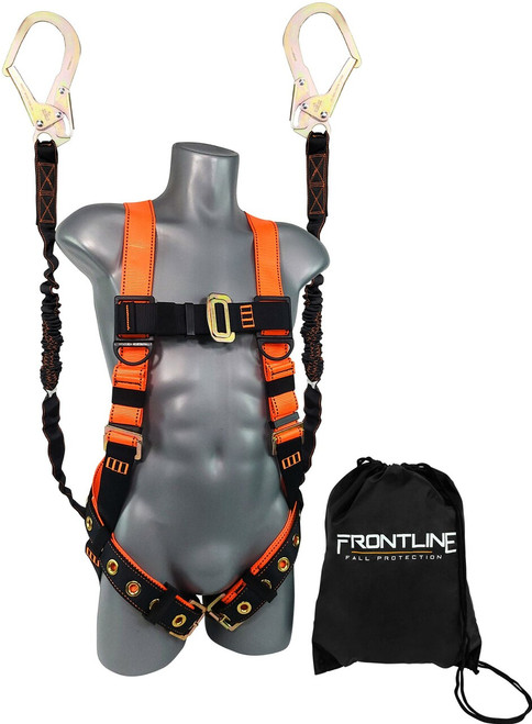 Frontline Combat Compliance Kit - Harness 6' Double Rebar Hook Leg Lanyard and Drawstring Bag