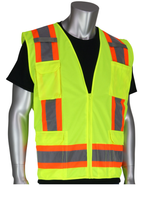 PIP 302-0500-YEL ANSI Type R Class 2 Two-Tone Eleven Pocket Surveyors Vest (Yellow)
