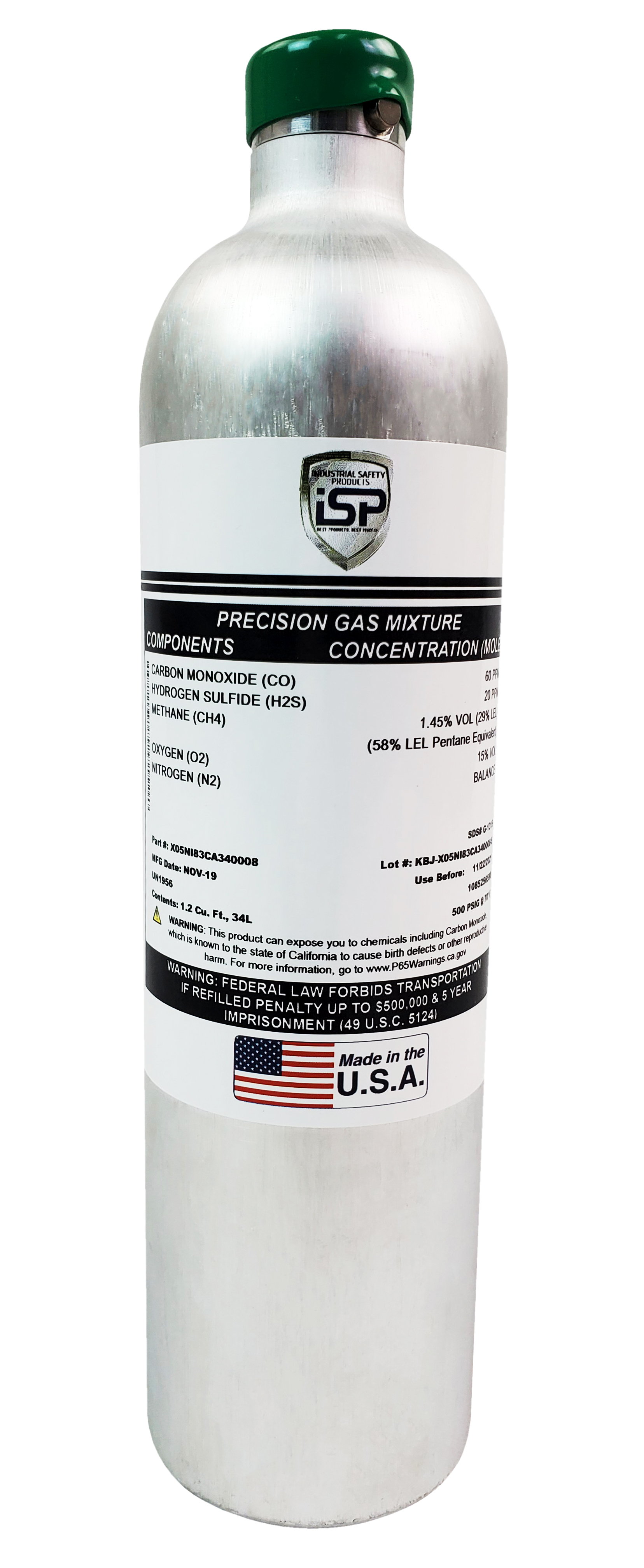 Calibration Gas Cylinder for MSA and BW Monitors 34L (CH4/LEL, O2