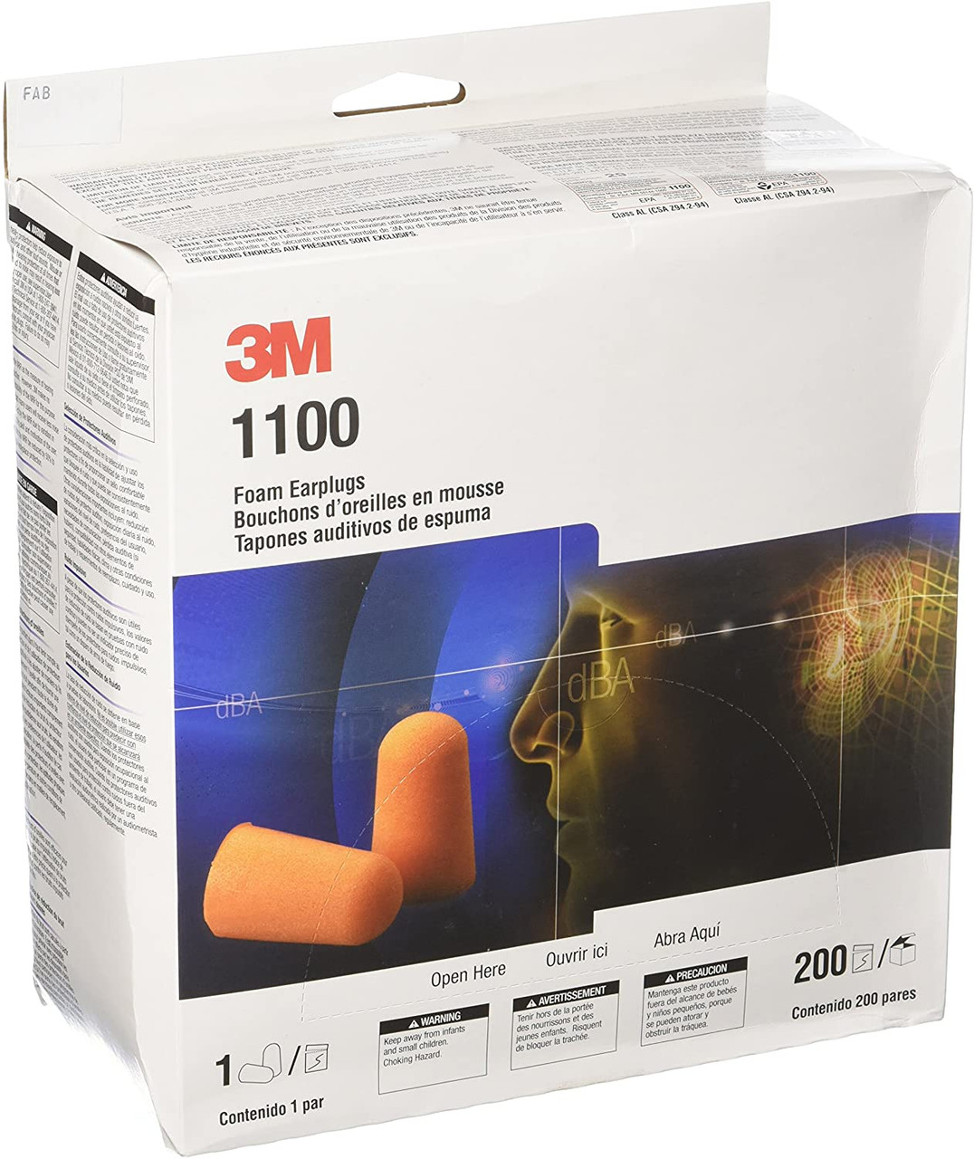 3M 1100 Orange Uncorded Foam Earplugs (200 per Box) - Industrial