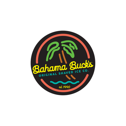 A circular sticker that looks like a coral, yellow, lime green, and blue neon sign with a palm tree, water, and the words "Bahama Buck's"