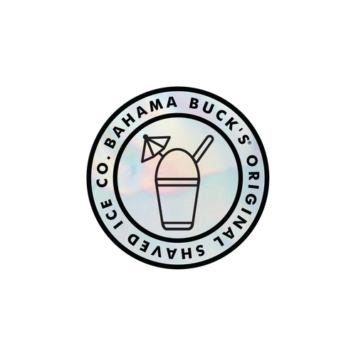 A holographic silver sticker with a Snologo in the middle and Bahama Buck's original Shaved Ice Co written around the edge 