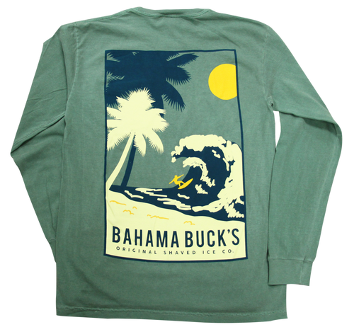 The back of the Light Green Comfort Colors long sleeve tee with a rectangle outline of two navy and cream palm trees, a yellow surfer in a wave,  and a yellow sun in the upper righthand corner. Under the wave, it says Bahama Buck's Original Shaved Ice Co.