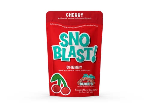 Red stand-up pouch for Bahama Buck’s Sno Blast! in Cherry flavor, featuring a cherry graphic and teal "SNO BLAST!" typography.