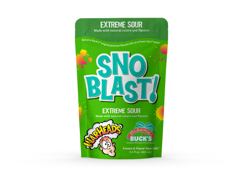 Bright green stand-up pouch for Bahama Buck’s Sno Blast in Extreme Sour flavor, featuring the Warheads brand logo and teal "SNO BLAST!" typography.