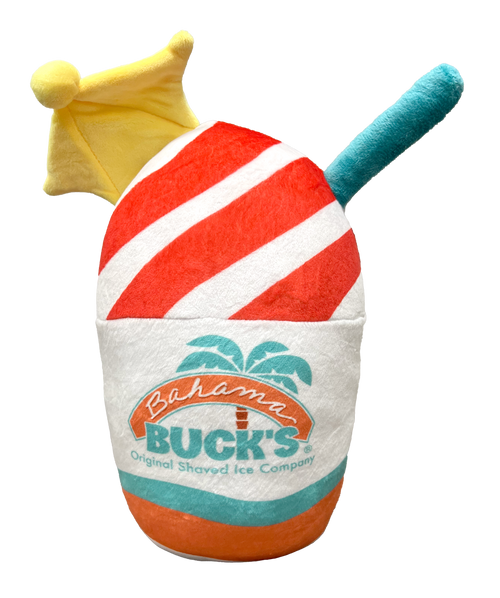 Soft plush toy shaped like a red and white striped shaved ice cup, complete with a yellow cocktail umbrella and a blue straw.