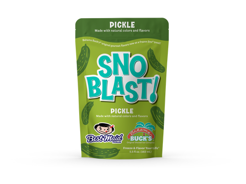Green stand-up pouch for Bahama Buck’s Sno Blast in Pickle flavor, featuring a collaboration with Best Maid Pickles and teal "SNO BLAST!" typography.