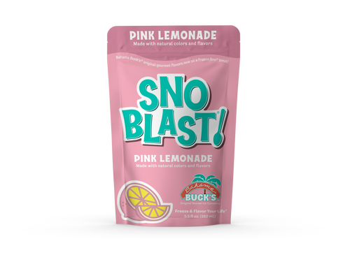 Pink stand-up pouch for Bahama Buck’s Sno Blast in Pink Lemonade flavor, featuring teal "SNO BLAST!" typography and a lemon slice graphic.