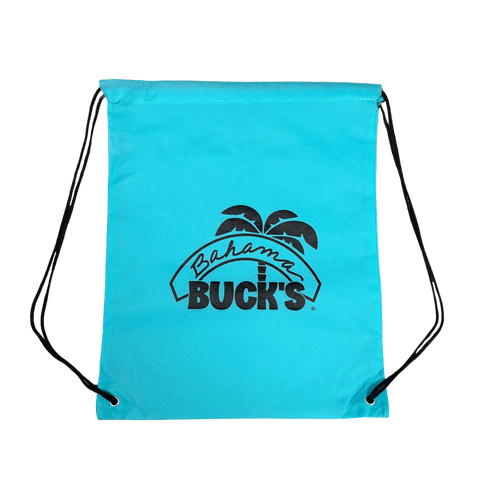 Bright teal drawstring cinch bag printed with a black Bahama Buck's tropical palm tree logo.