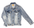 Light wash denim jacket with a small embroidered shaved ice cup icon on the left chest.