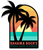 Bahama Buck's logo sticker featuring a tropical sunset design with two black palm trees silhouetted against a striped sky and ocean.