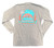 Back of a beige long-sleeve shirt with a large circular design in teal and coral, featuring the Bahama Buck's logo.
