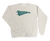 Flat lay photo of a gray crewneck sweatshirt with a teal pennant flag graphic on the chest.