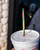 A multi-colored, striped reusable straw inserted in the lid of a white foam cup.