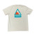 The back of an off-white t-shirt featuring a teal triangular caution sign graphic with an orange mountain and a person snowboarding, above a teal bar that reads "CAUTION AVALANCHE CREW."