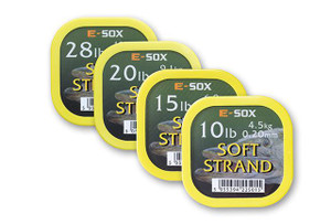 Drennan E-Sox Drennan E-Sox Soft Strand Pike Wire, set of four spools with yellow labels indicating different pound test strengths (28 lb, 20 lb, 15 lb, 10 lb) for fishing.