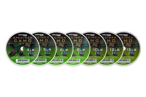 Drennan International Drennan Specimen Camo XT - 100m, image of multiple spools of fishing line in different weight capacities from 4lb to 15lb with camouflage design and product labeling.