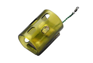 Drennan International Drennan Groundbait Feeders, a yellow-green fishing feeder with multiple openings and a swivel attachment for bait release.