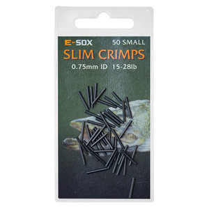 Drennan E-SOX Drennan E-Sox Slim Crimps - Small, black slim fishing crimps in a transparent plastic package.