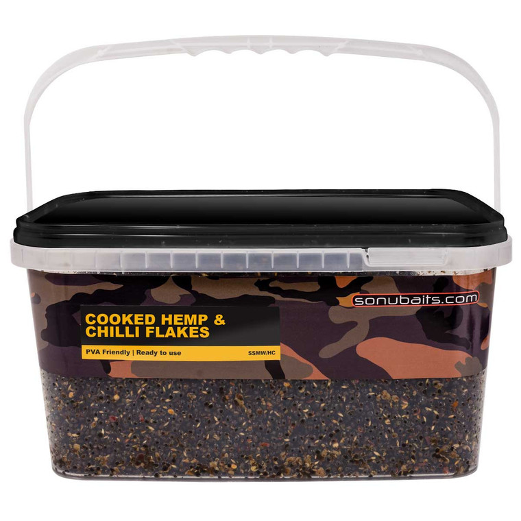 Sonubaits Cooked Hemp & Chilli Flakes 3kg Bucket - Hooked Tackle