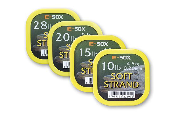 Drennan E-Sox Drennan E-Sox Soft Strand Pike Wire, set of four spools with yellow labels indicating different pound test strengths (28 lb, 20 lb, 15 lb, 10 lb) for fishing.