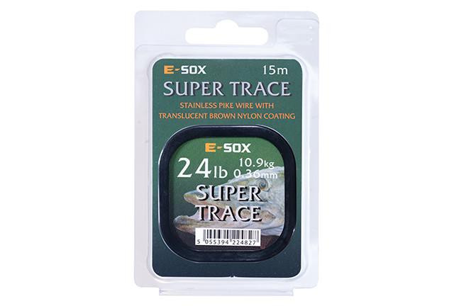 Drennan E-SOX Drennan E-Sox Super Trace Pike Wire, 15m stainless steel fishing wire in retail packaging with product details.