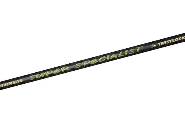 Drennan International Drennan Specialist Twist Lock 1.6-3.0m Landing Net Handle, a black fishing net handle with green and yellow branding markings for carp fishing.