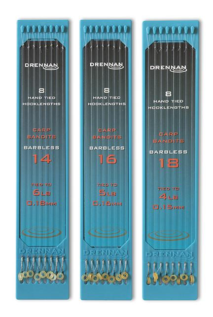 Drennan International Drennan Carp Bandit Hook Plates, set of three fishing hook plates with different hook sizes and tie details for carp fishing.