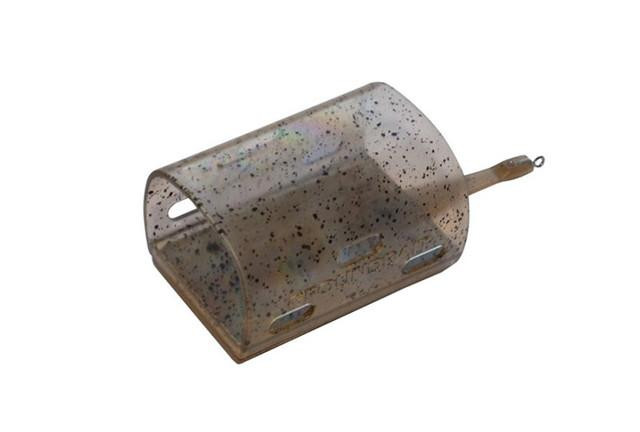 Drennan International Drennan Oval Groundbait Feeders, translucent oval-shaped fishing bait feeding device with speckled design and slots for bait release.