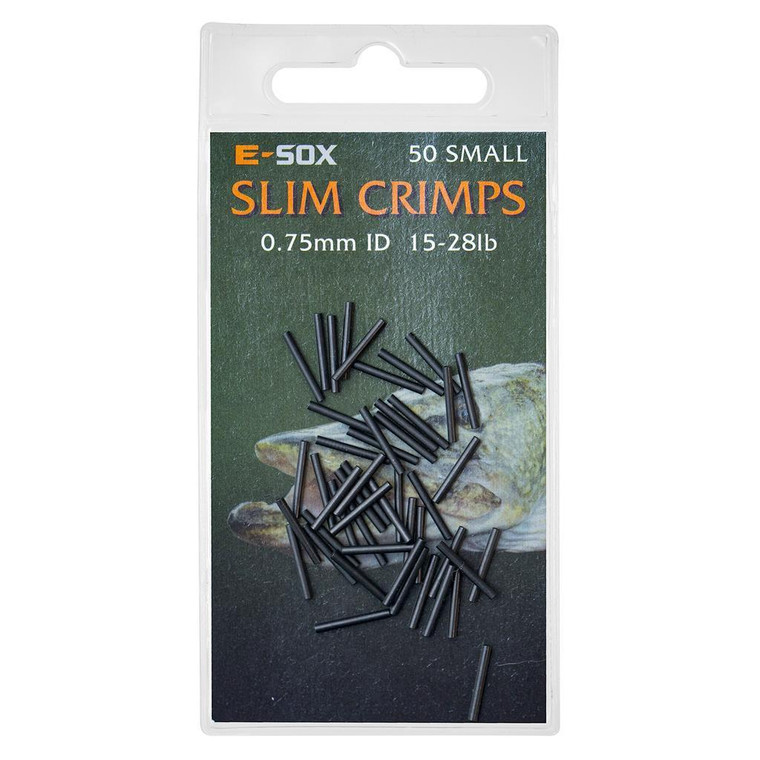 Drennan E-SOX Drennan E-Sox Slim Crimps - Small, black slim fishing crimps in a transparent plastic package.