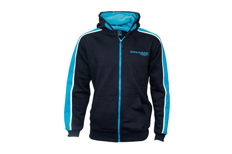 Drennan International Drennan Black Full Zip Hoody, black and blue fleece hoodie with front zipper, logo on chest, hood, and front pockets.