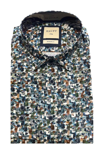 Long sleeve 100 cotton designed by Haupt from Germany
Fun print in a range of blues and browns.
Detailed with a rich navy solid contrast in the collar & cuffs. Pair it with your favorite denims or dress it up under a jacket.
Regular fit , runs true to size 