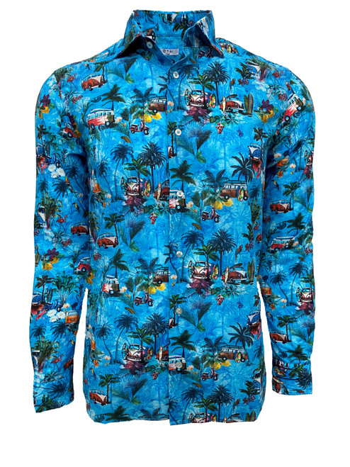 For the guy that truly appreciates quality and luxe style, Tiki Napoli has outdone themselves with color and imagination.
The cool & elevated surf print on a vivid blue looks great with denim, white , black or any color bottom. Long sleeve to dress up or roll the sleeves and enjoy open over a tee.
100% Cotton - Feels like butter - Runs true to size 